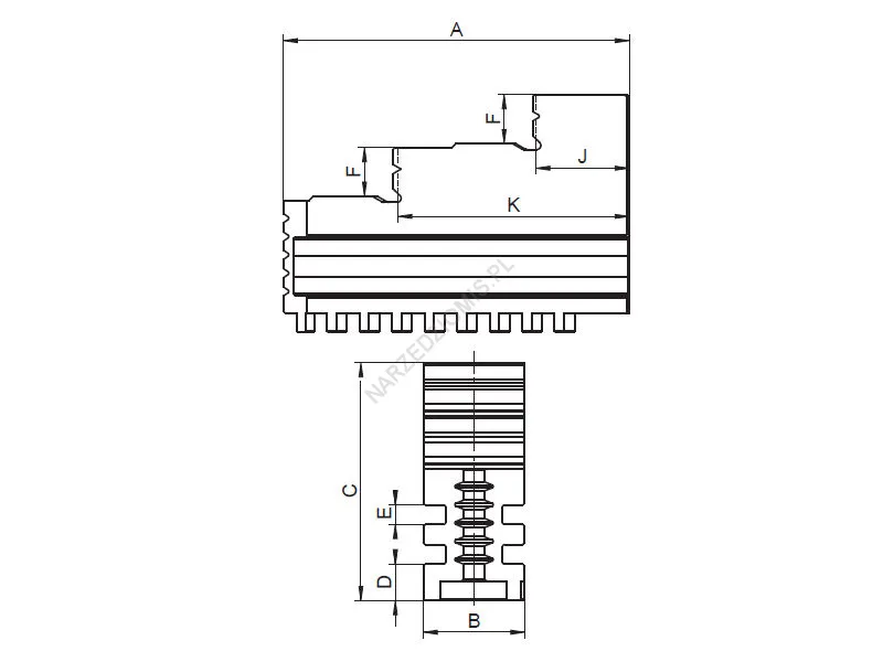 Rysunek techniczny: Szczęki SJW 160 jednolite, wewnętrzne z podw. prowadnicami KPL 3 szt do: 3202,3203 - BISON-BIAL